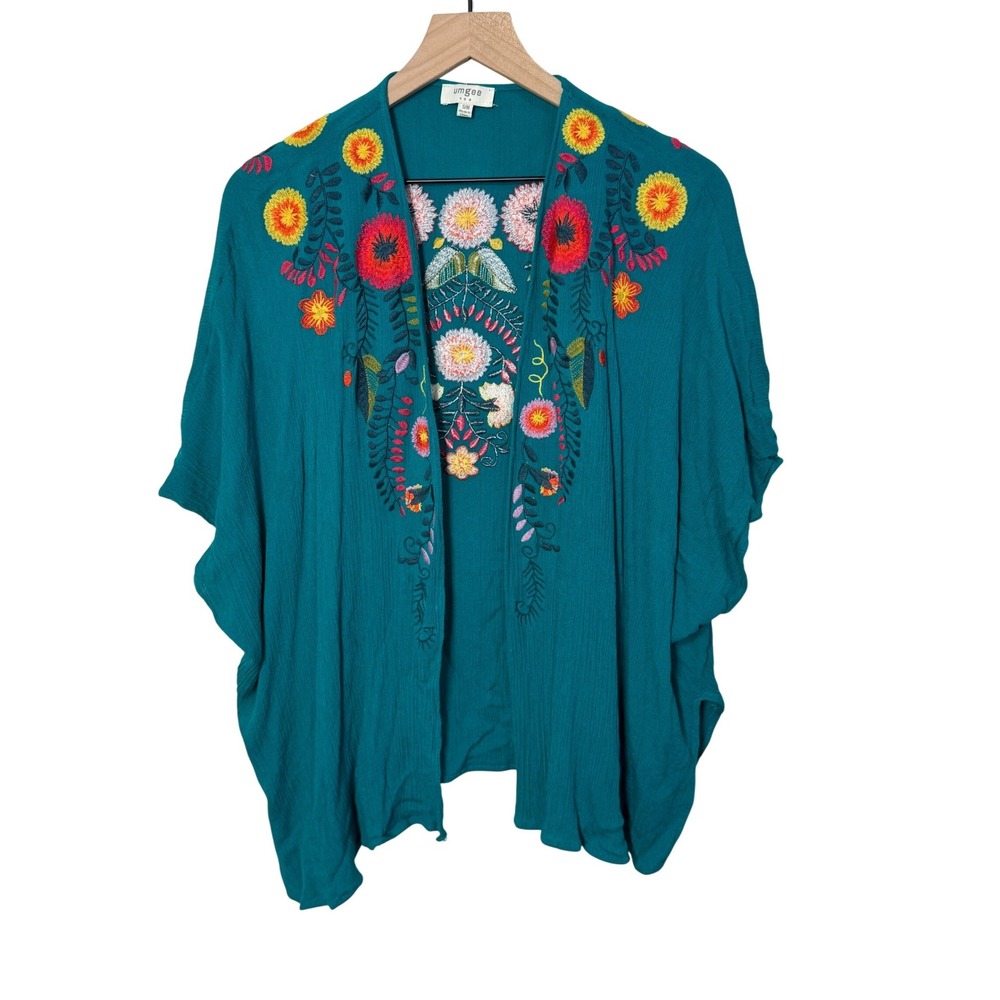 Umgee‎ Teal Embroidered Floral Kimono Cardigan Lightweight Boho Festival S/M